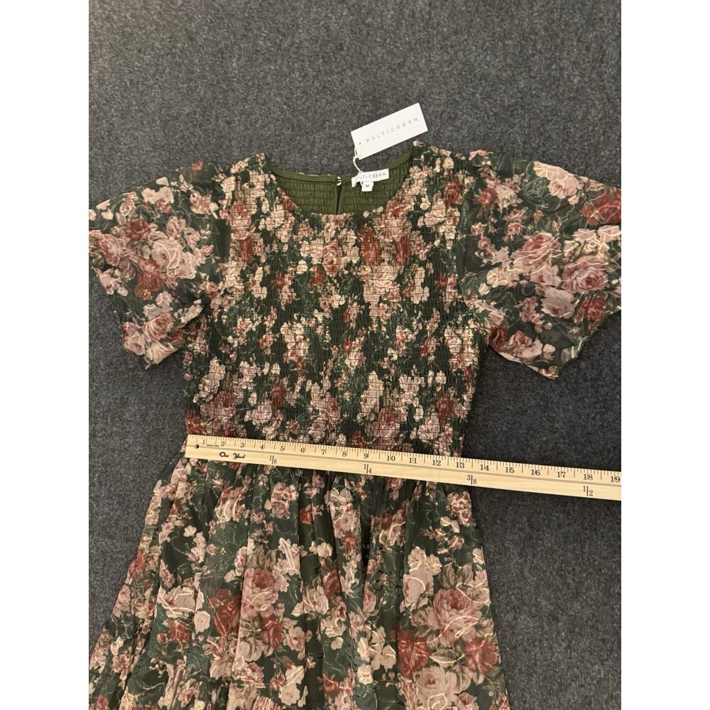 Baltic Born Floral Smocked Midi Dress Green Pink Short Sleeve Zip Closure M - Picture 5 of 8